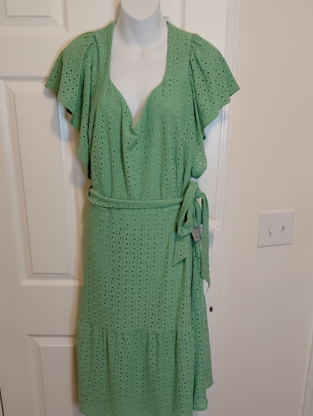 London Times Mint Green Eyelet Wrap Midi Dress